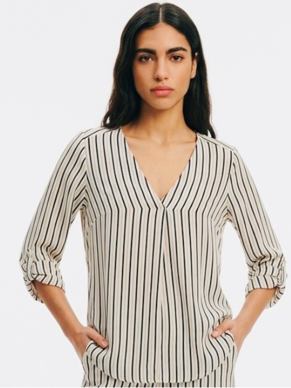 stradivarius Cream and Black Vertical-Stripe V-Neck Blouse